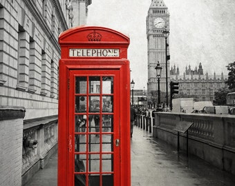 London Print, Big Ben Print, London Photography, Red Phone Box, Black and White, London Photo, London Decor, London Wall Art