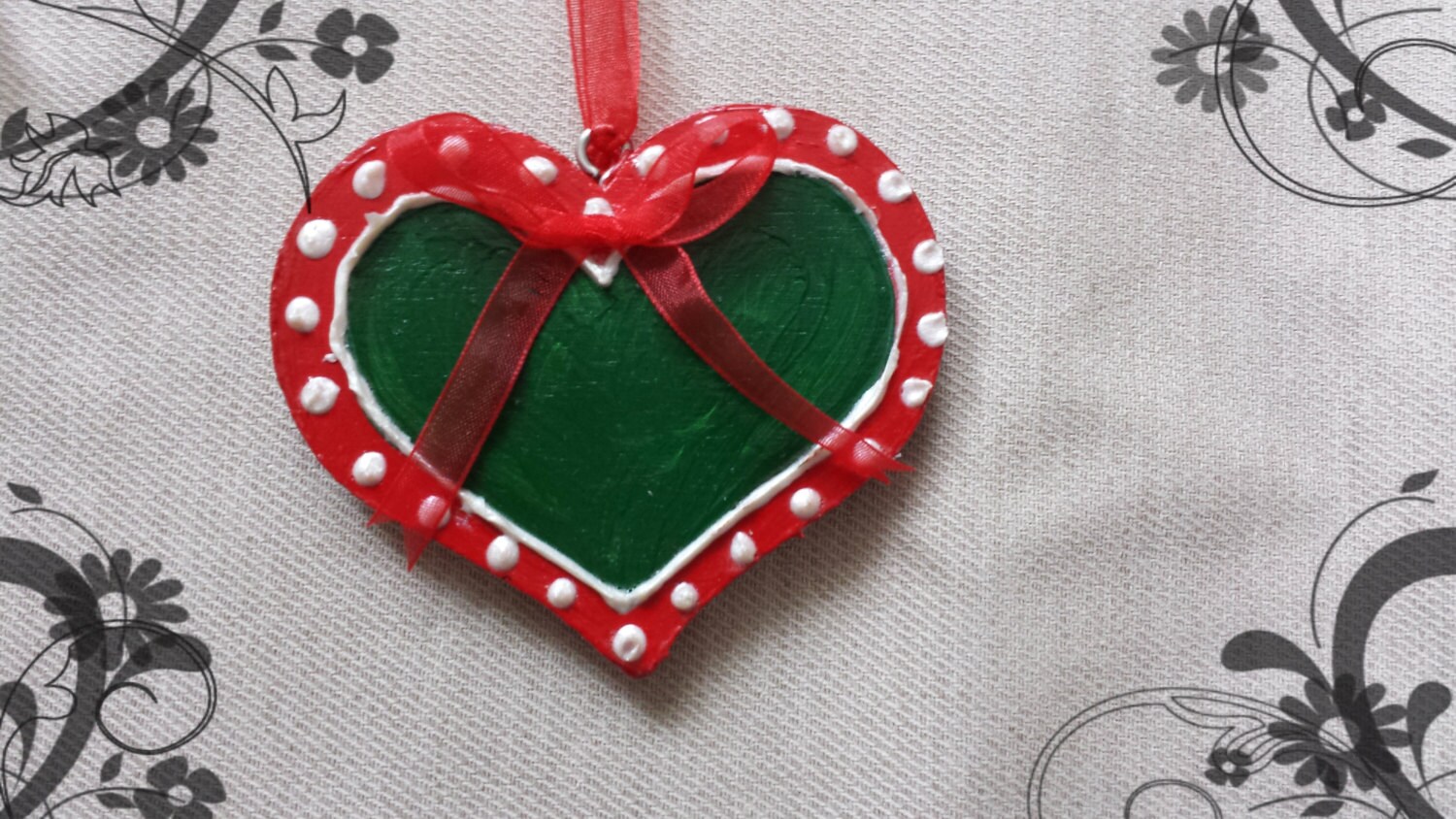 Handpainted Heart Hanging Decoration - red, white and green