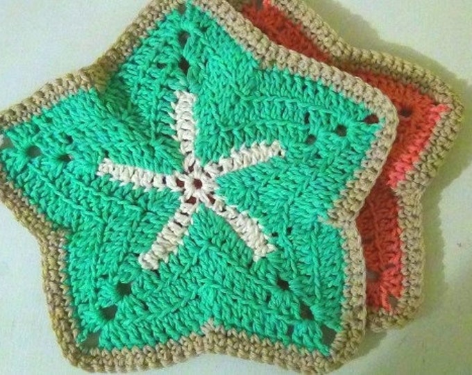 Maine Starfish Decor- Ocean Theme Washcloths - Pink and Green Dish Cloths - Sea Star Facecloth - 9" Star Fish set of 2 Dishcloths Washcloths