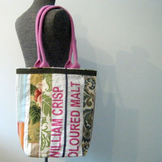 Repurposed Malt Bag Tote w/ felted handles by OneWomanStudio