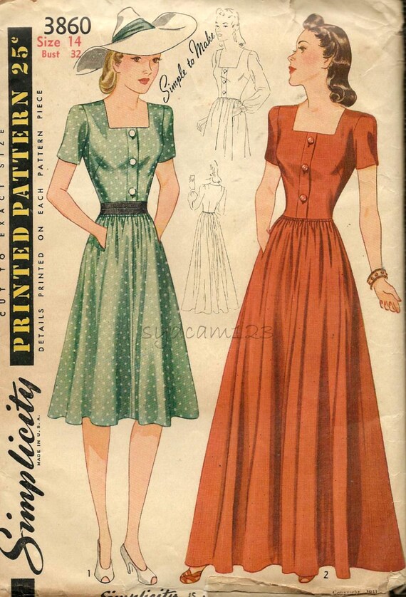 Items similar to Vintage 1940 Shirtwaist Day or Evening Dress Pattern ...