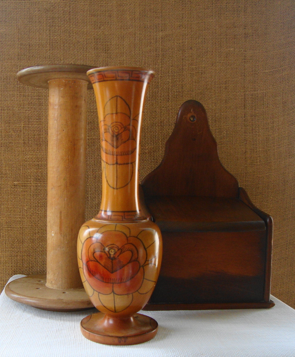 VINTAGE FOLK ART Wood Vase Mexico Rose Art Piece Wood Vase