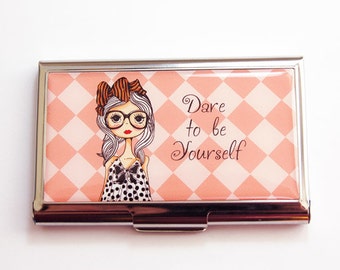 Business Card Case, Card Case, business card holder, Be Yourself, Orange, gift for her, Dare to be yourself, Inspiration (3658)