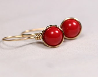 Gold Red Coral Earrings Wire Wrapped Jewelry Handmade Gold Earrings Gold Jewelry Red Earrings Red Coral Jewelry Rose Gold Earrings