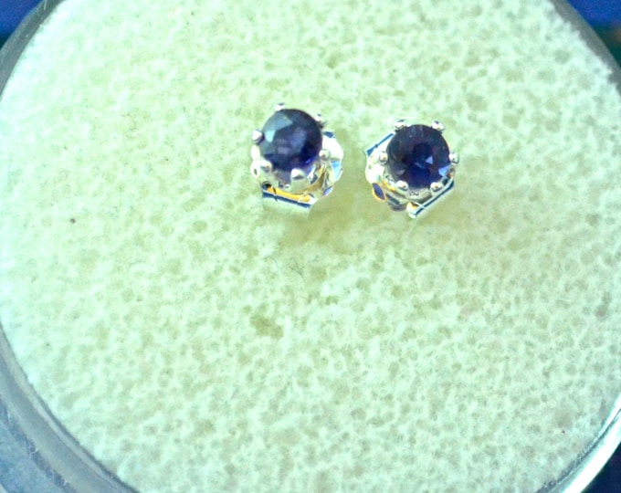 Iolite Stud Earrings, Petite 3mm Round, Natural, Set in Sterling Silver E468