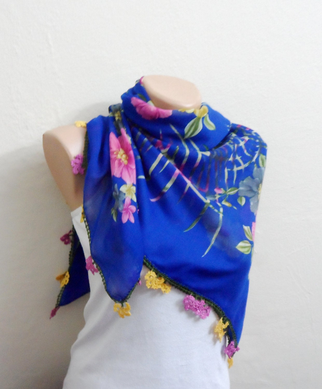 royal blue scarf pink flower green yellow gray by DamlaScarf