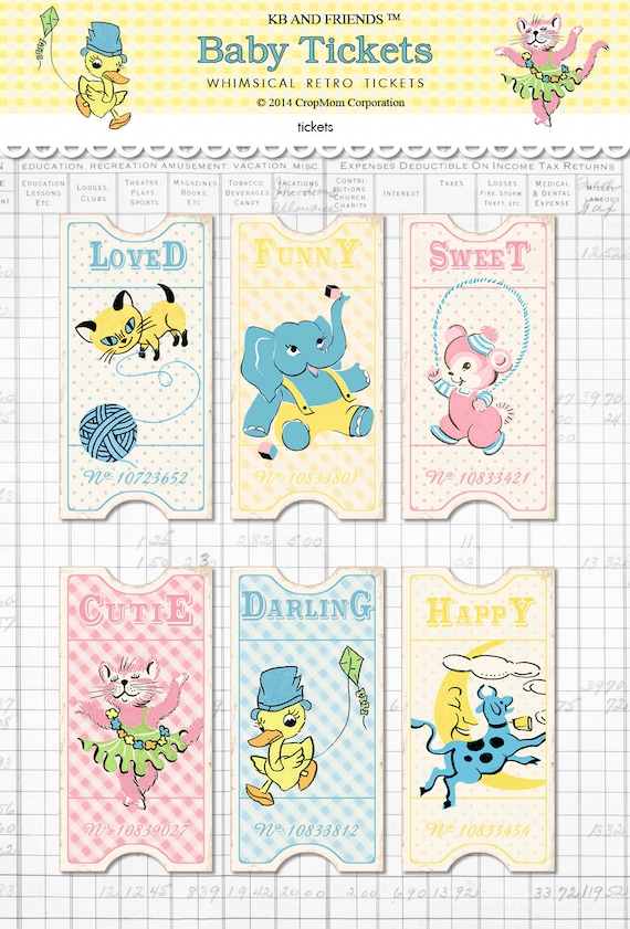 Digital retro baby tickets / vintage animals / ephemera collage sheet / three sizes / downloadable, printable / pastels, polka dots, gingham