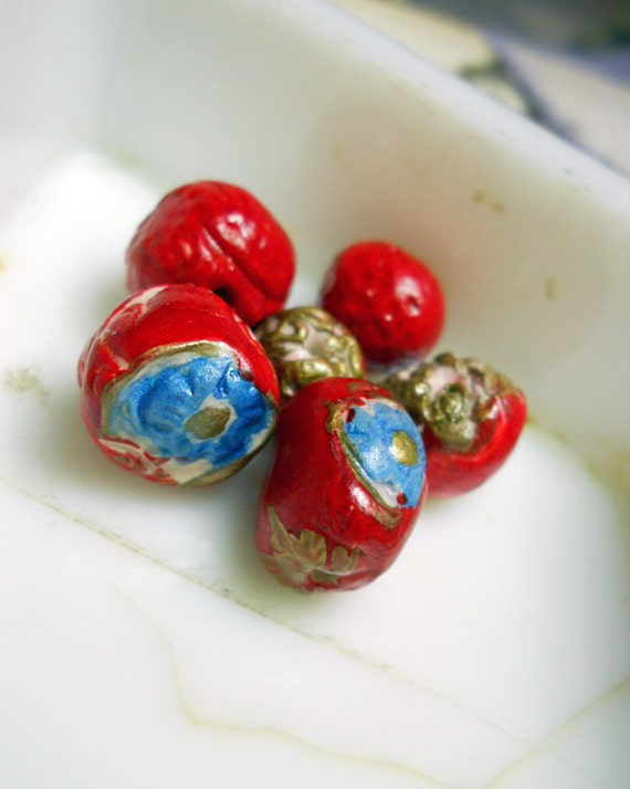 Polymer Clay Beads - 6 Rustic Floral Beads -  Fancy Textured Rounds, Metallic Gold, Bright Red, Blue Flowers - Polymer Clay Art Bead Set