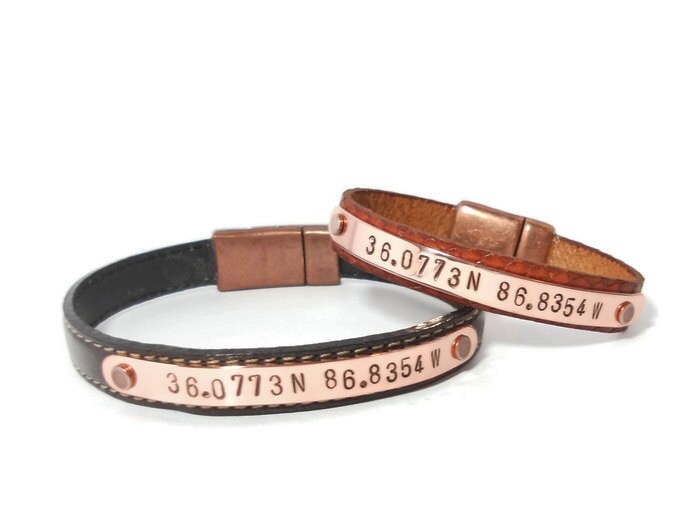 Copper and Leather Personalized Bracelet, 7th Anniversary Gift, Latitude and Longitude, Custom Leather Stamped Bracelet, Coordinate Bracelet