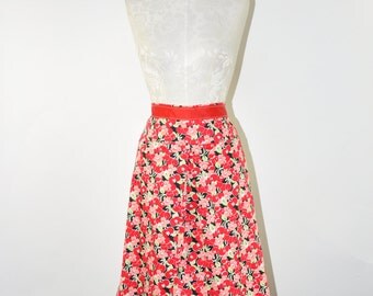 red cherries half apron / spring flowers and fruit apron / upcycled floral waist apron / handmade kitchen apron