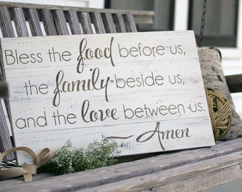 Bless the food before us, Large hand painted wood sign, Kitchen & dining room decor, Housewarming gift, wedding gift, Measures 14" x 23.5"