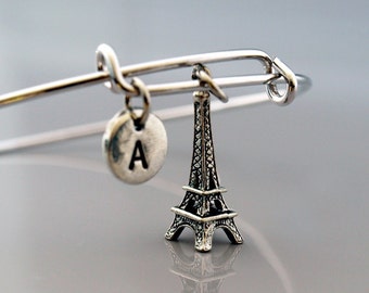 Eiffel tower Bangle, Eiffel tower charm bracelet, Eiffel tower jewelry, Paris France, French charm, Expandable bangle, Initial bracelet