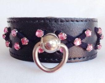 XX Small Black Leather Rose Crystals Black Suede X Lacing Handcrafted Dog Collar