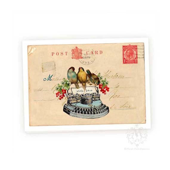 Vintage typewriter birds Christmas card red berries