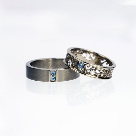 Aquamarine wedding ring set, men's palladium wedding band, filigree ...
