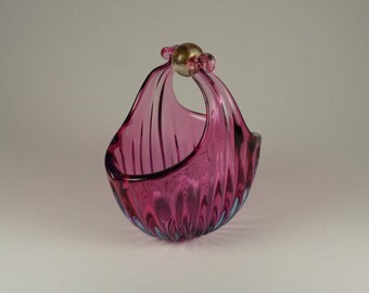 Murano Barbini Cranberry Raspberry Blush Basket Gold Foil Ball Handel Vintage Antique Mid Century Housewares Home Décor Italian Art Glass