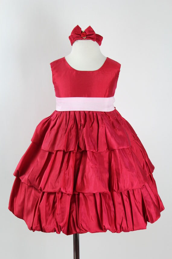 Red Flower Girl Taffeta Dress with Light Pink Sash by carmiashop