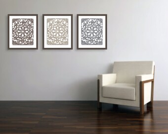 Art Deco Prints - Art Deco Flower Wall Art - Medallion Wall Art - Set of 3 11x14 prints - Neutral Colors Taupe Light Taupe Slate Grey
