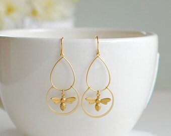 Gold Bee Earrings, Bee Dangle Earrings, Chandelier Earrings, Bee Jewelry, Unique Gift for Bee Lovers