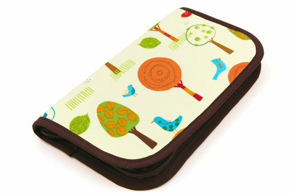 Travel Zip Around Knitting Needle Case Organizer - Whimsical - brown pockets with clear zipper pouch for notions or circulars