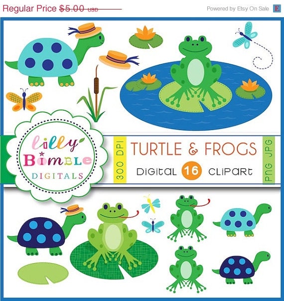 50% off Turtles Frogs clipart for birthdays, scrapbooking frog pond dressed turtle woodland INSTANT download Il_570xn