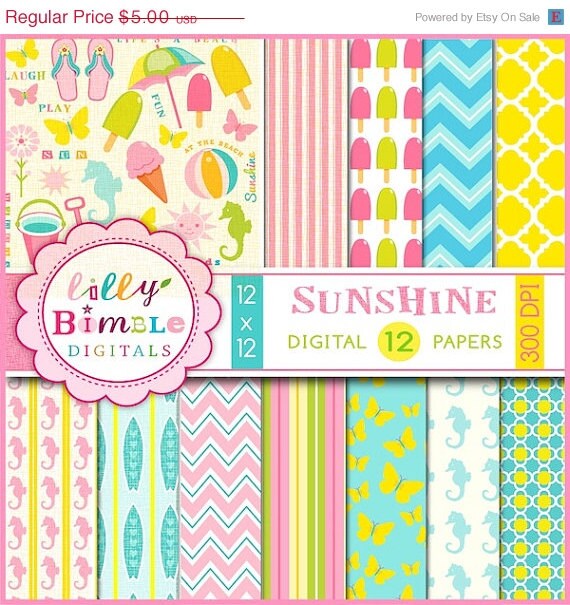 50% off Beach digital papers with surfboards, seahorses, flip flops, ice cream Summer INSTANT DOWNLOAD Il_570xn