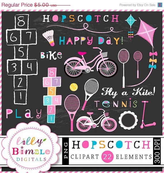 50% off Hopskotch clipart games bikes, scooter, tennnis 22 elements for scrapbooking, card design and crafts Il_570xn