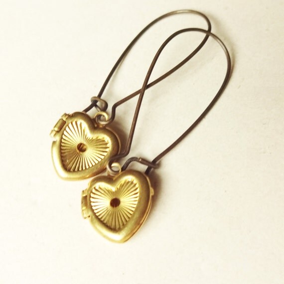 Items similar to Tiny Vintage Heart Locket Charm Earrings, Long Dangly