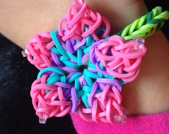 Custom color Hibiscus flower rainbow loom bracelet w/Free bonus item