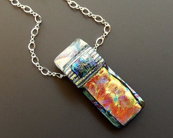 Fused Dichroic Glass Rectangular Flame Channel Pendant with 18 inch Sterling Silver Link Chain