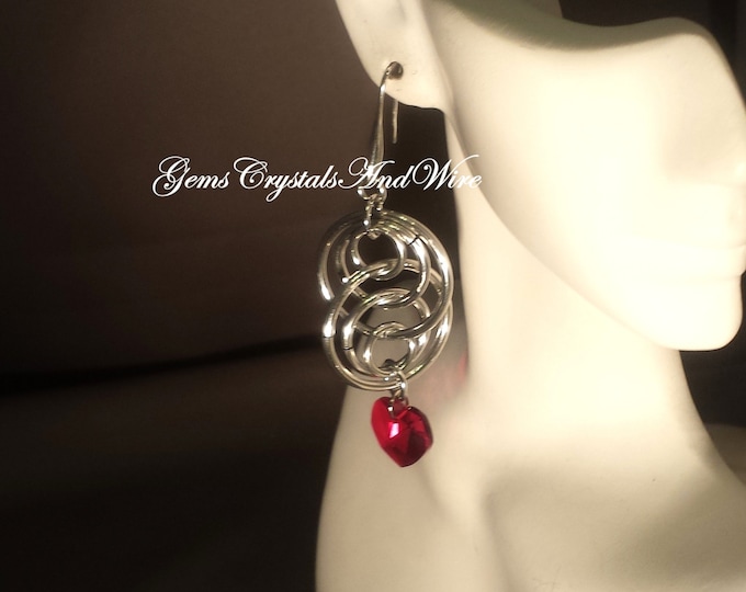 Illusion Chainmaille Silver Earrings with Swarovski Hearts , Swarovski Clover, or Crystal Explosion
