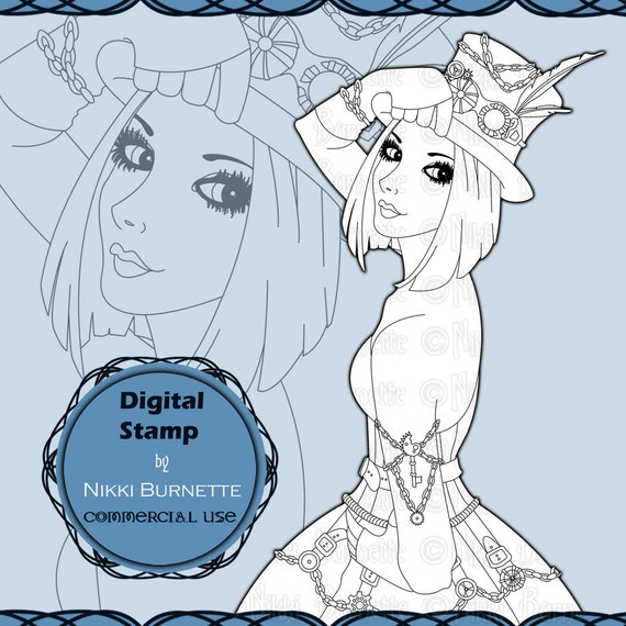 Digital Stamp - Printable Coloring Page - Fantasy Art - Steampunk Stamp - Telsa - by Nikki Burnette - COMMERCIAL USE