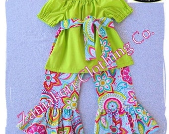 Girl Floral Outfit Set - Girl Clothing Floral Peasant Top Ruffle Pant Bottom Outfit Set 3 6 9 12 18 24 month size 2T 2 3T 3 4T 4 5T 5 6 7 8