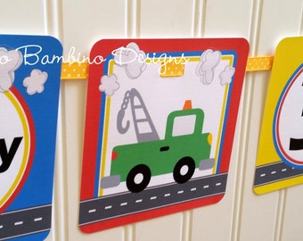 Transportation Happy Birthday Banner / Cars, Trucks, Airplane, Train / On the Move Banner Personalized with Name and Age