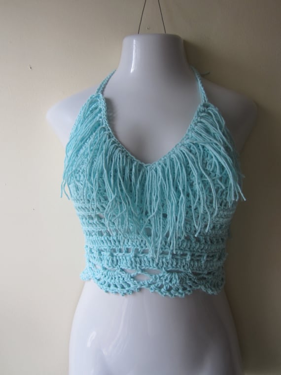 Items similar to Crochet crop top, Fringe cropped halter top, festival ...