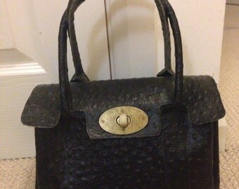 Small black ostrich embossed leather satchel