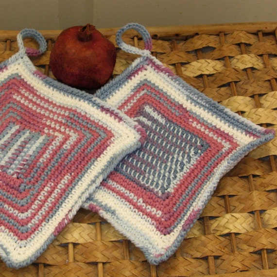 Kitchen Hanging Pot Holders - Set of 2 - Handmade In Berry Colors - Abstract Design In Tunisian Crochet In Cotton Yarn