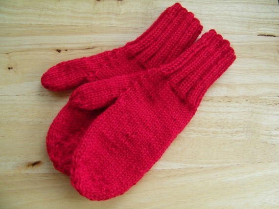 MITTENS HAND KNIT Adult Wool Scarlet