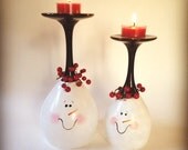 Snowman hand painted wine glass tea light holders, set of two.