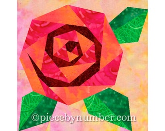 Rosie's Rose quilt block, rose quilt patterns, paper piecing quilt patterns, flower quilt patterns, rose patterns, PDF pattern, blossom