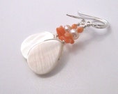 Coral and Pearl, Teardrop Mother of Pearl Shell Earrings, Sterling Silver