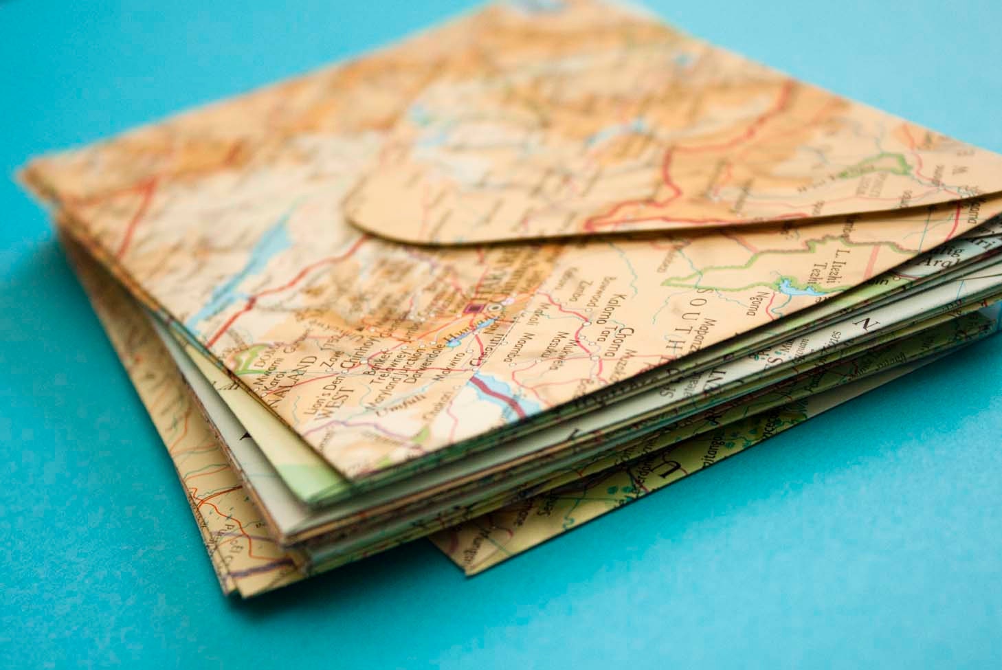 Set of 20 passport size upcycled atlas envelopes Wedding