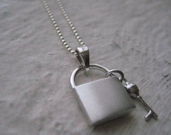 Padlock And Key Necklace- Sterling Silver, Charm, Chain, Pendant, Gift