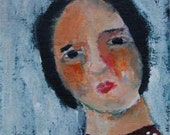 Acrylic Portrait Painting Bess Gal, Woman, black hair, white background, 4x4 mini art chipboard