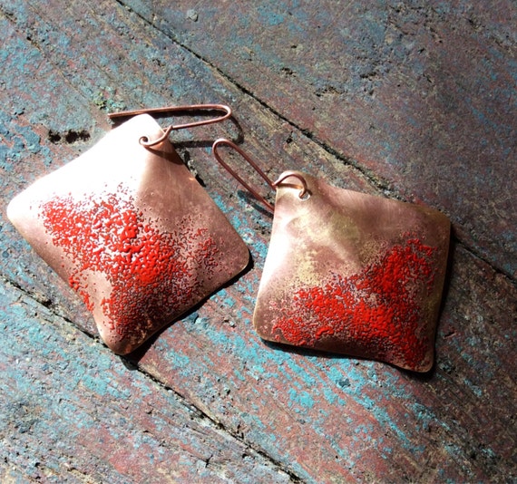 Items similar to Copper//Enamel//Earrings//Red on Etsy