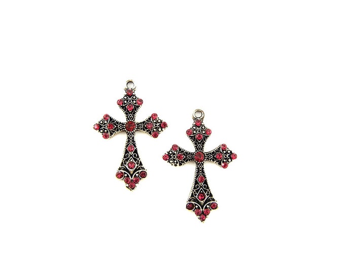 Antique Silver-tone Cross Charms with Red Rhinestones