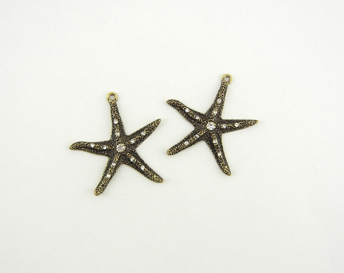 Pair of Burnished Gold-tone Textured Starfish Charms Rhinestones