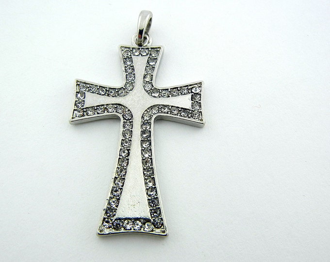 Silver-tone Cross Pendant Edged in Rhinestones