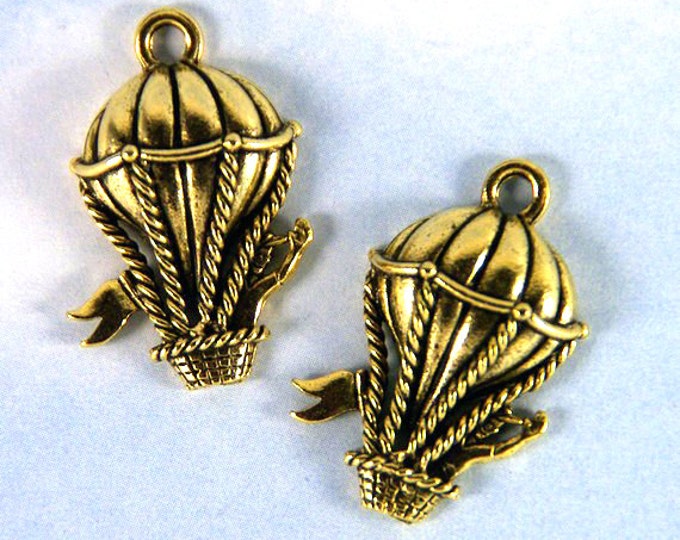 Set of Two Gold-tone Pewter Brass Hot Air Balloon Charms