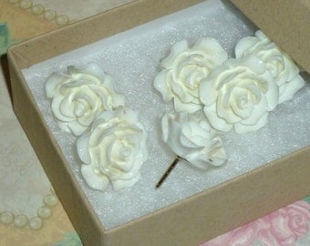 Flower Push Pins, Decorative Resin Rose Flower Cabochon Push Pin Thumb Tacks - Set of 6 - Ivory White Rose Push Pins Thumb Tacks